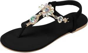 Walking Sandals Women, Flat Sandals Elastic Strappy Thong Ankle Strap Summer Dress Beach Gladiator Sandals with Slingback Rhinestone Bohemian Flat Sandals Dressy Casual Summer Sandals