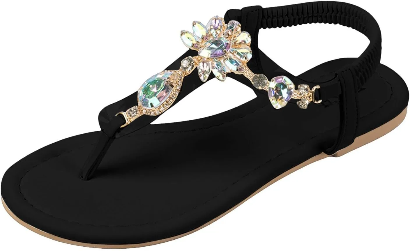 Walking Sandals Women, Flat Sandals Elastic Strappy Thong Ankle Strap Summer Dress Beach Gladiator Sandals with Slingback Rhinestone Bohemian Flat Sandals Dressy Casual Summer Sandals