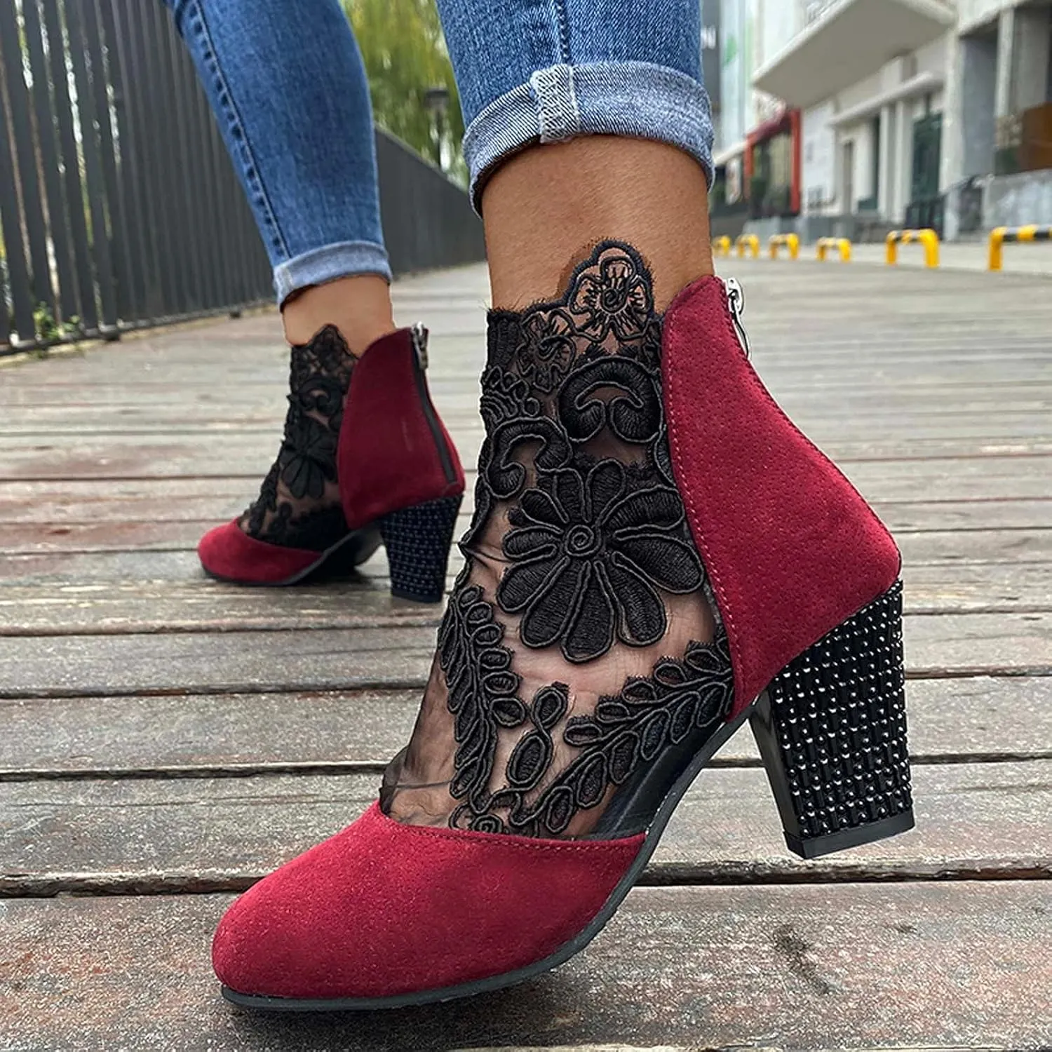 Walking Sandals Women, Womens Sandals Sexy Hollow Floral Lace Chunky High Heels Peep Toe Platform Boots