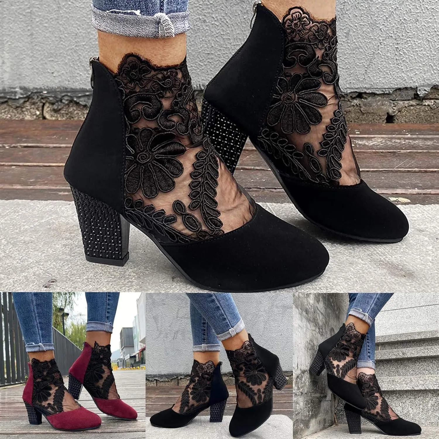 Walking Sandals Women, Womens Sandals Sexy Hollow Floral Lace Chunky High Heels Peep Toe Platform Boots