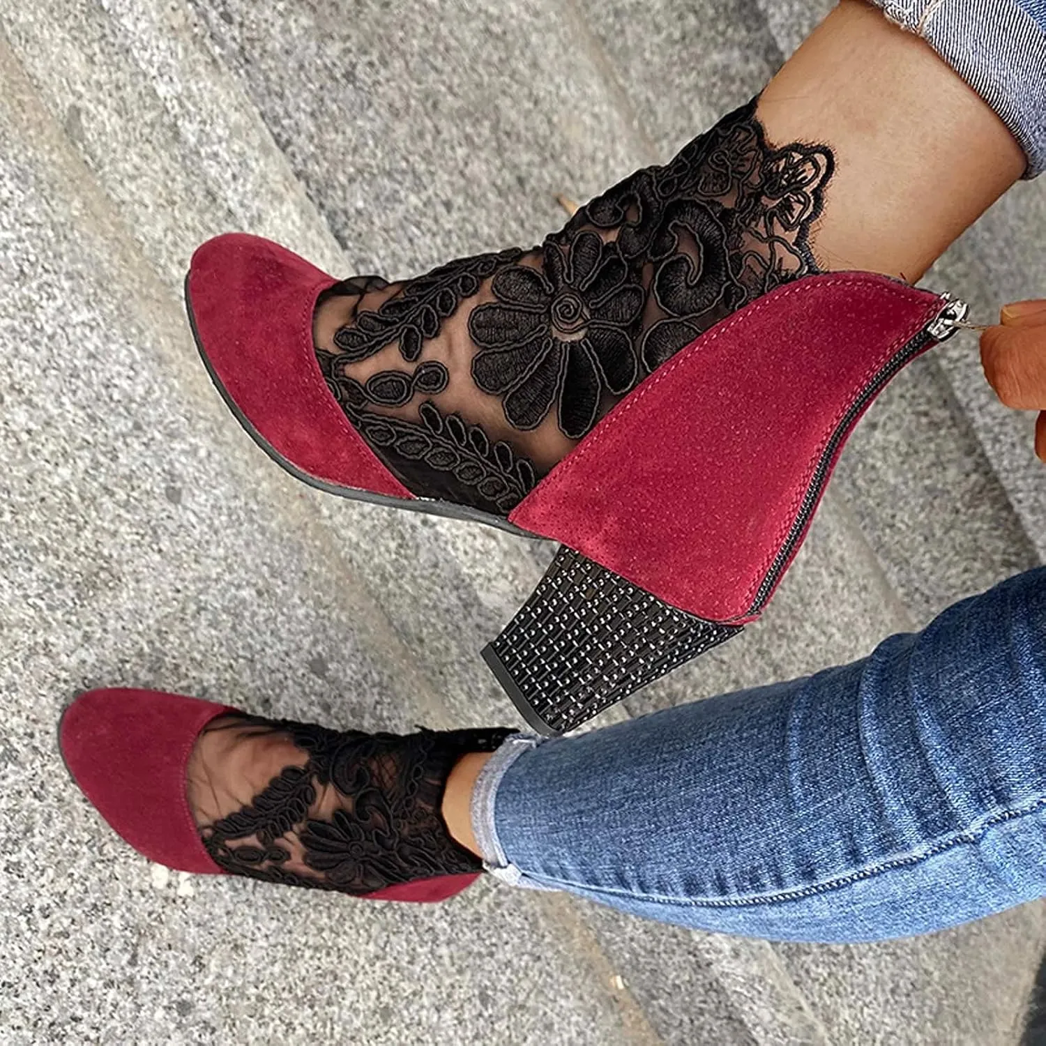 Walking Sandals Women, Womens Sandals Sexy Hollow Floral Lace Chunky High Heels Peep Toe Platform Boots