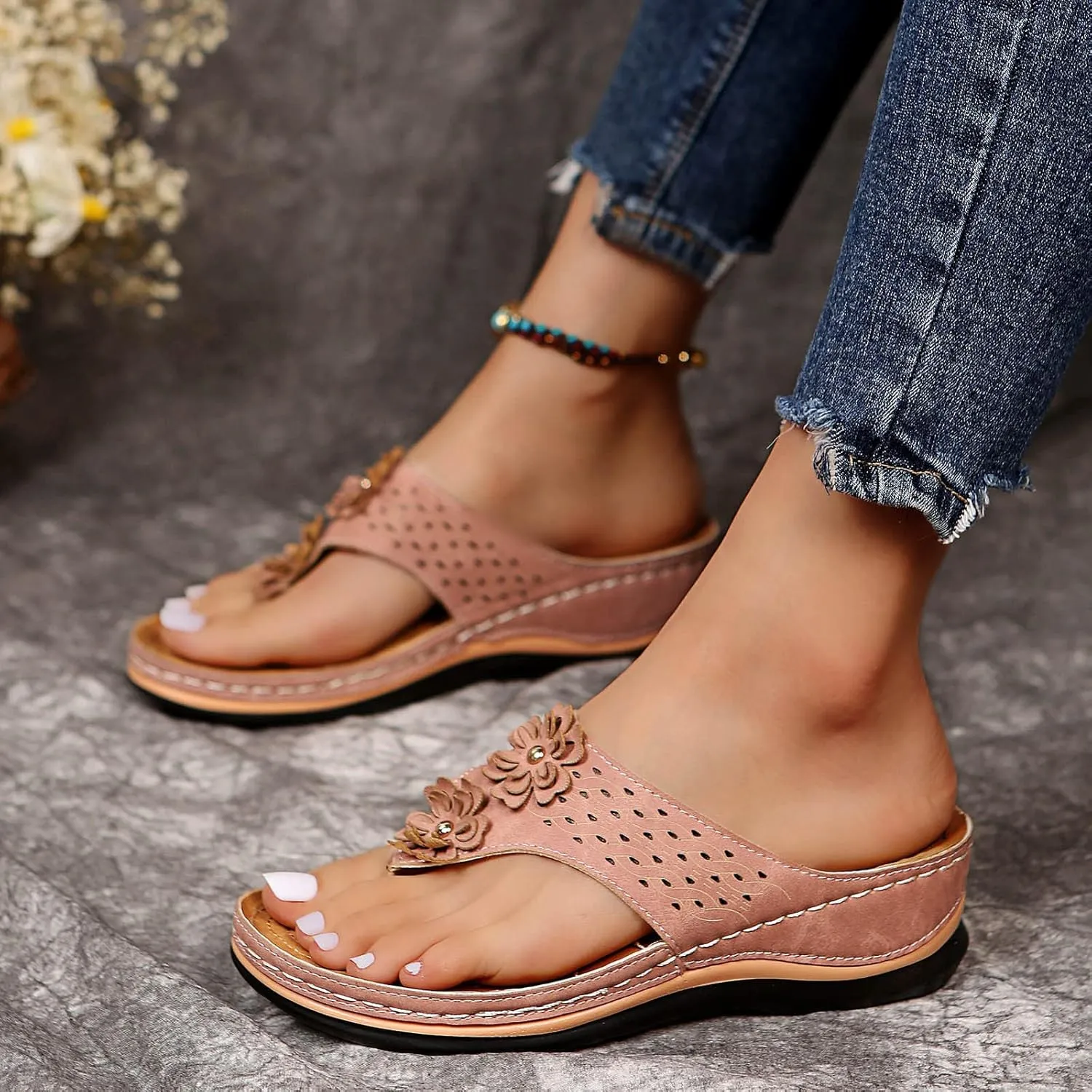 Walking Sandals Women, Women's T-Strap Sandals Vintage Boho Flat Sandals Dress Shoes Outdoor Beach Flip Flops