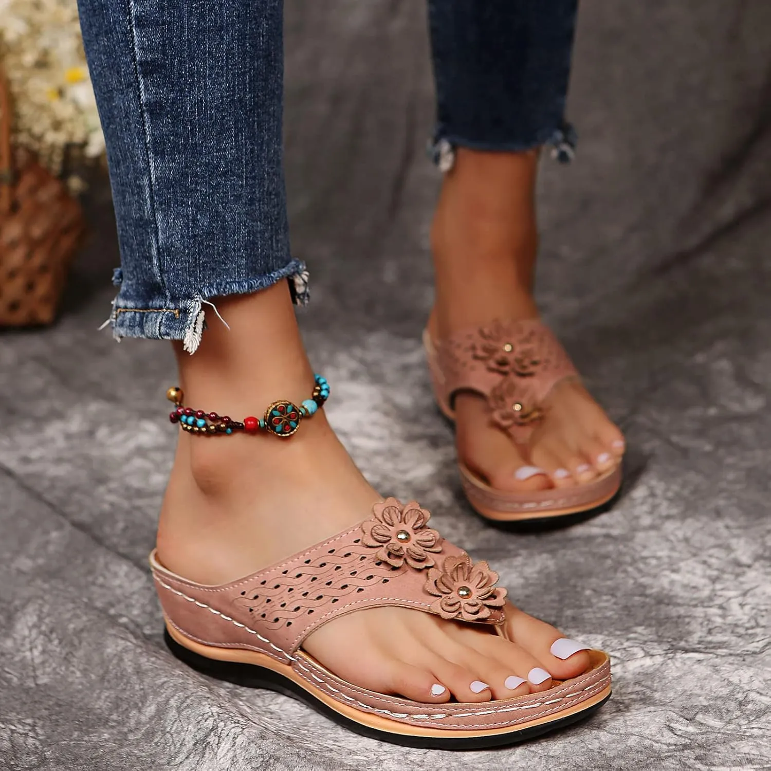 Walking Sandals Women, Women's T-Strap Sandals Vintage Boho Flat Sandals Dress Shoes Outdoor Beach Flip Flops