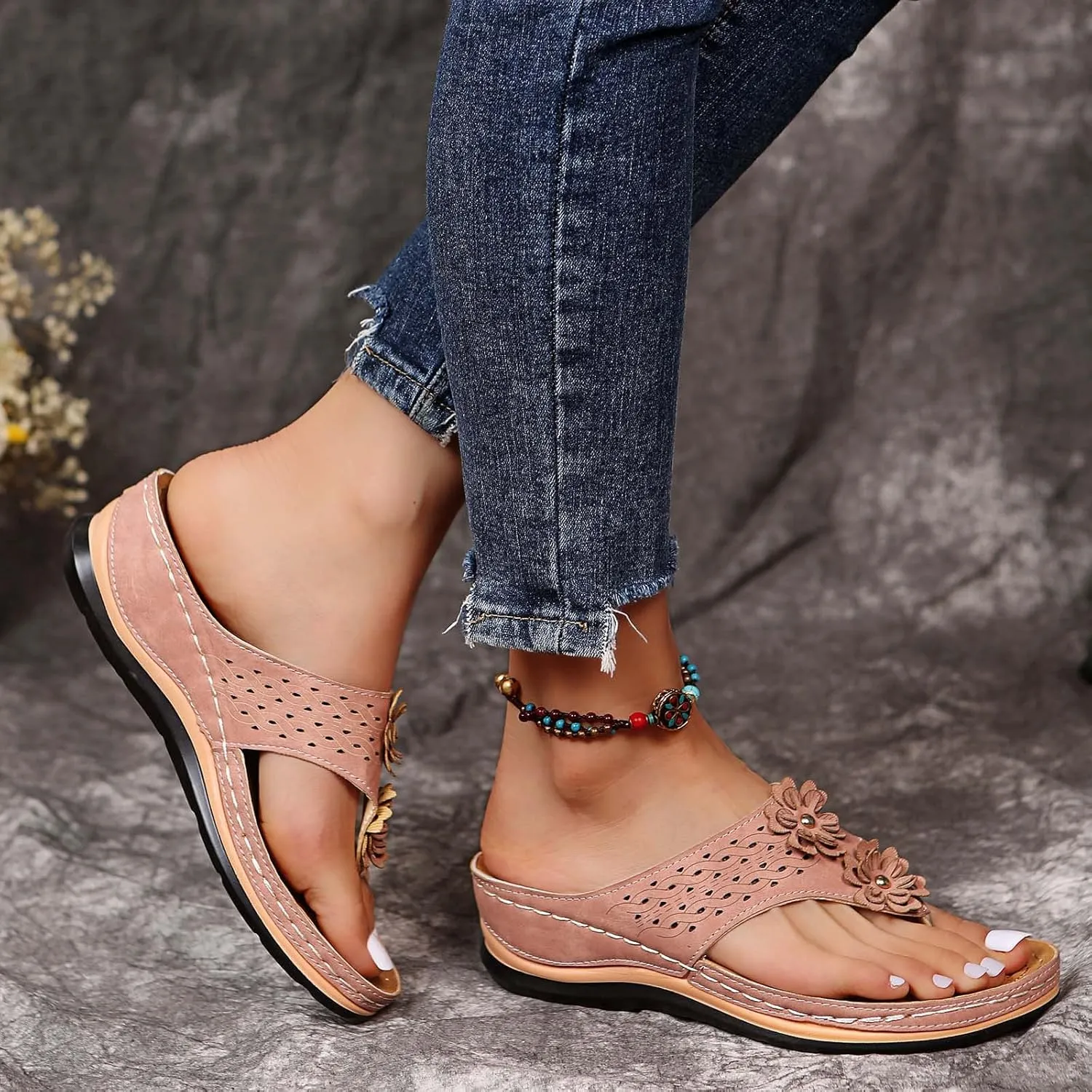 Walking Sandals Women, Women's T-Strap Sandals Vintage Boho Flat Sandals Dress Shoes Outdoor Beach Flip Flops