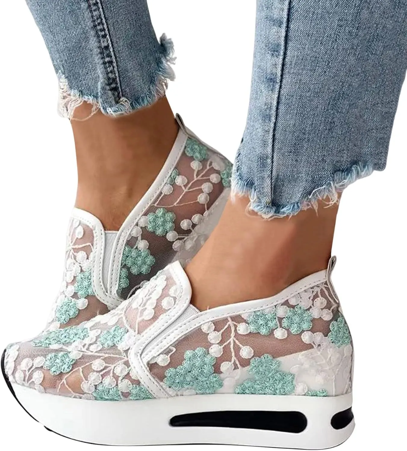Wedge Sneakers for Women Fashion Lace Floral Embroidery Shoes Casual Platform Hidden Heel Womens Slip On Sneaker Breathable Orthopedic Sneakers for Women Comfortable Work Shoes