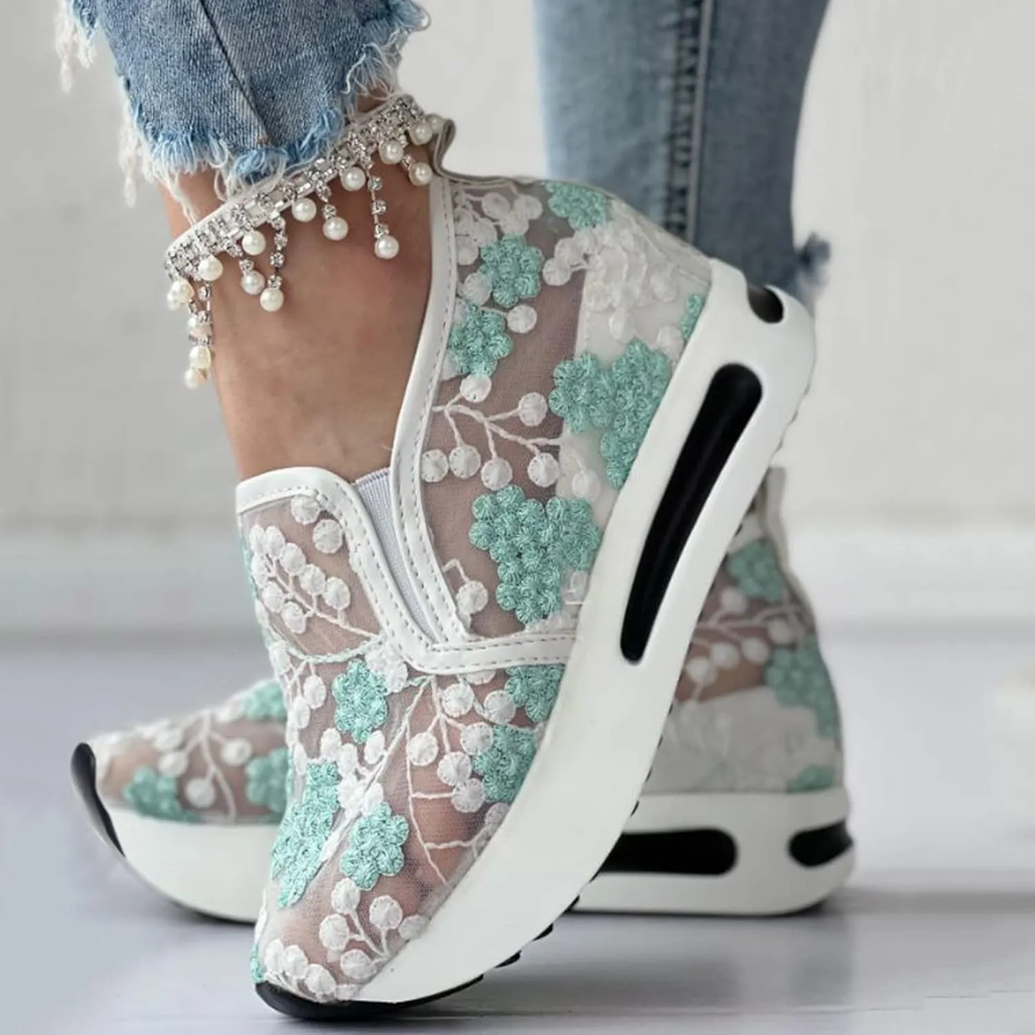 Wedge Sneakers for Women Fashion Lace Floral Embroidery Shoes Casual Platform Hidden Heel Womens Slip On Sneaker Breathable Orthopedic Sneakers for Women Comfortable Work Shoes