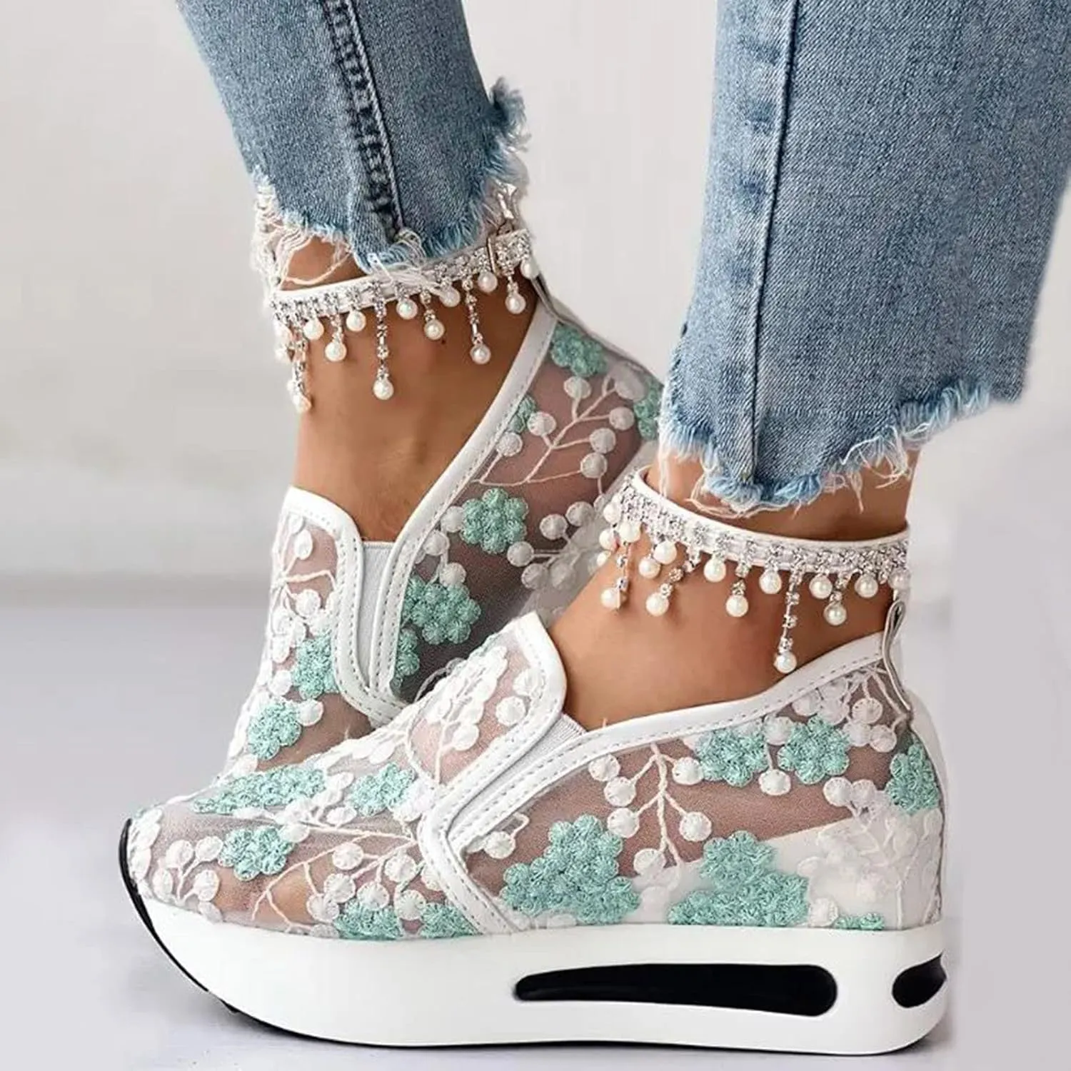 Wedge Sneakers for Women Fashion Lace Floral Embroidery Shoes Casual Platform Hidden Heel Womens Slip On Sneaker Breathable Orthopedic Sneakers for Women Comfortable Work Shoes