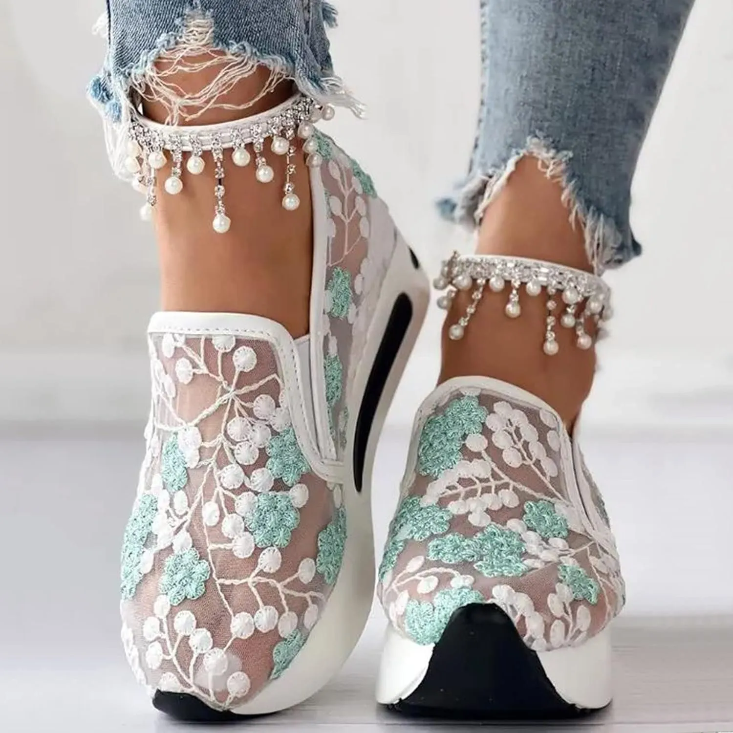 Wedge Sneakers for Women Fashion Lace Floral Embroidery Shoes Casual Platform Hidden Heel Womens Slip On Sneaker Breathable Orthopedic Sneakers for Women Comfortable Work Shoes