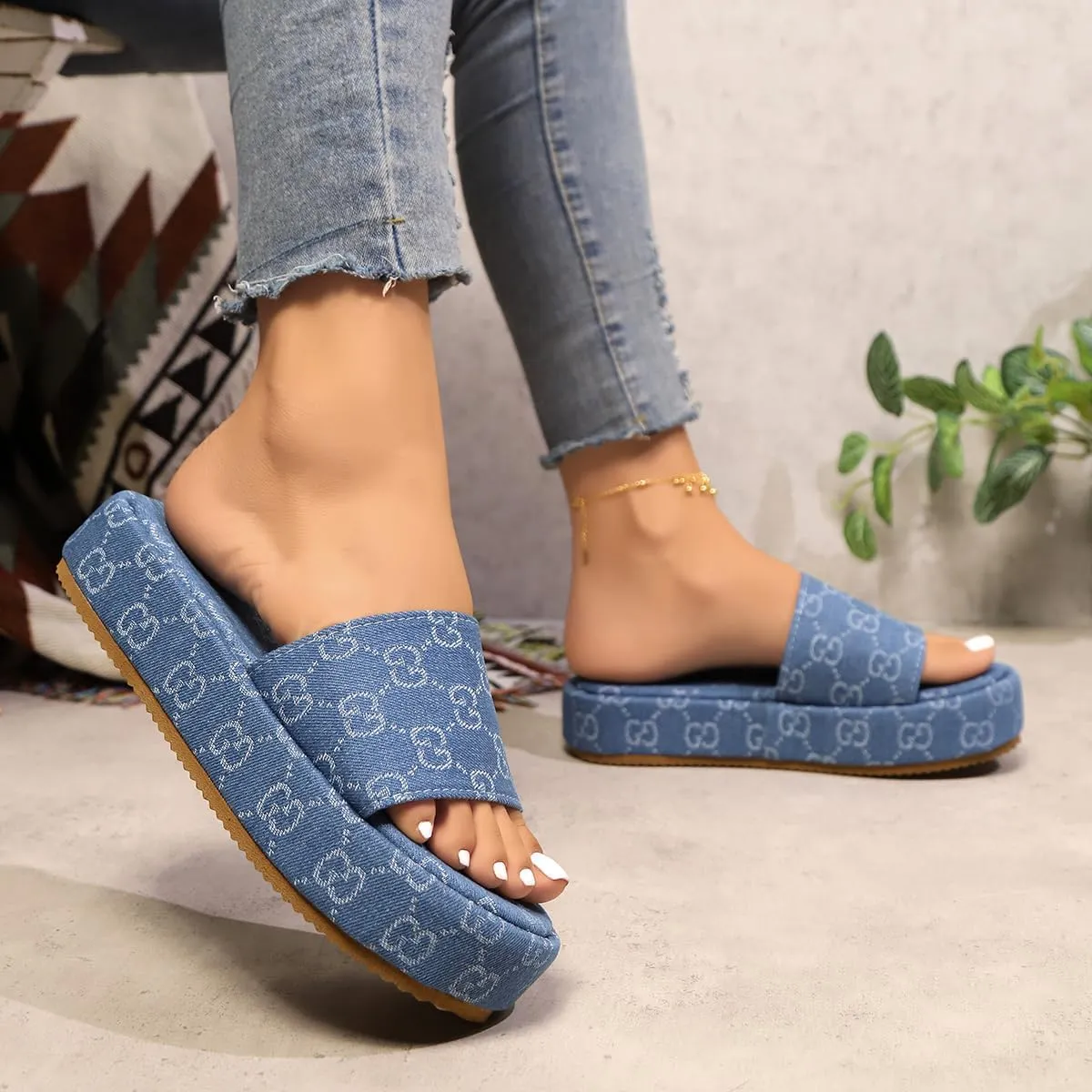 Women's Canvas Platform Slides Sandals Vintage Thread Edge Open Toe Slip On Comfortable and Non-Slip Slide Boho Sandals