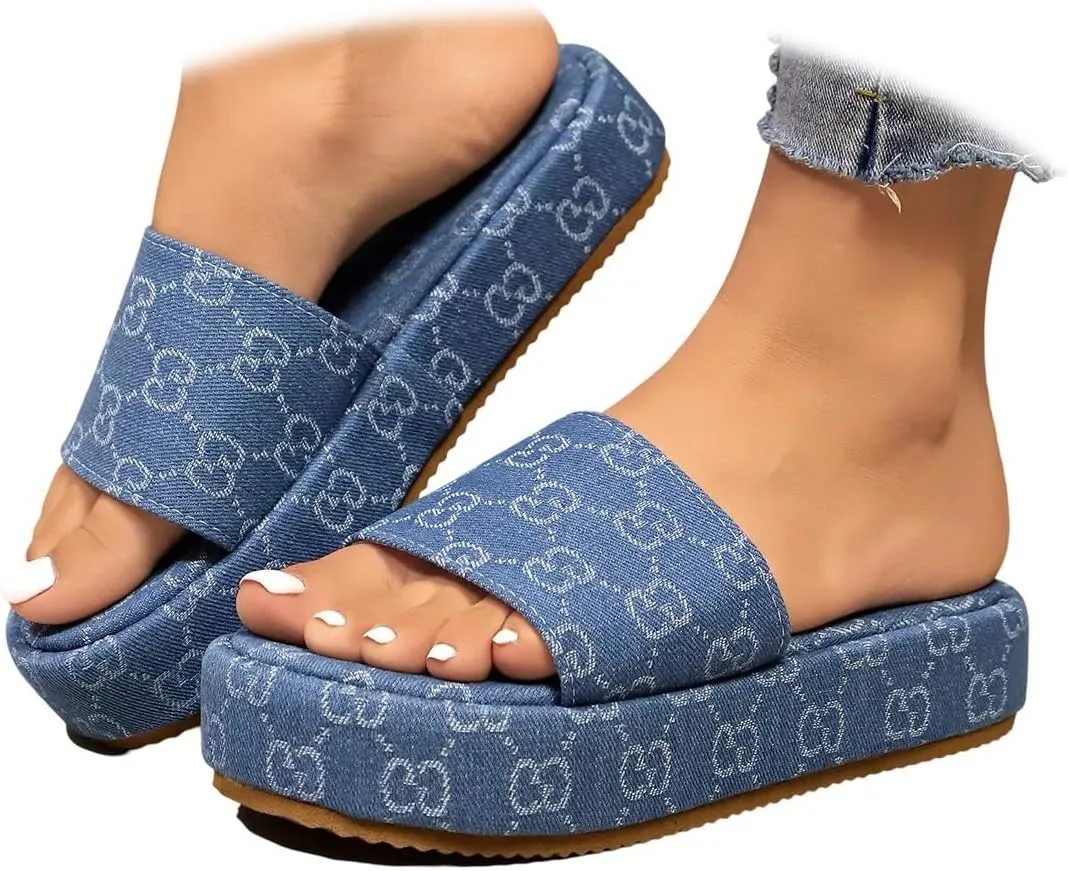 Women's Canvas Platform Slides Sandals Vintage Thread Edge Open Toe Slip On Comfortable and Non-Slip Slide Boho Sandals