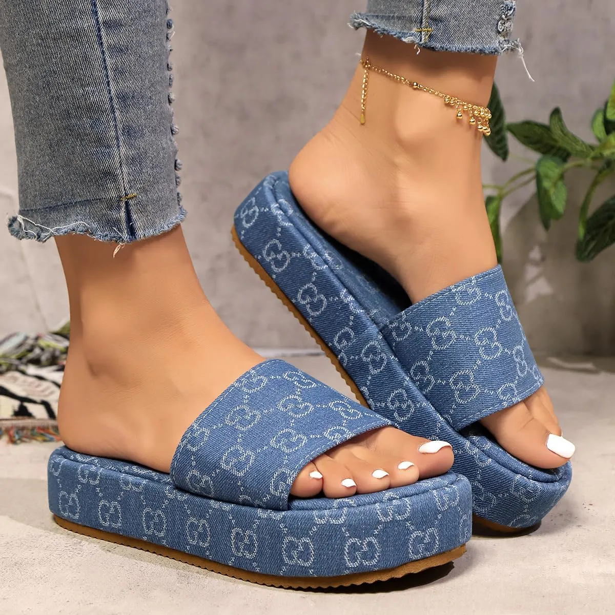 Women's Canvas Platform Slides Sandals Vintage Thread Edge Open Toe Slip On Comfortable and Non-Slip Slide Boho Sandals