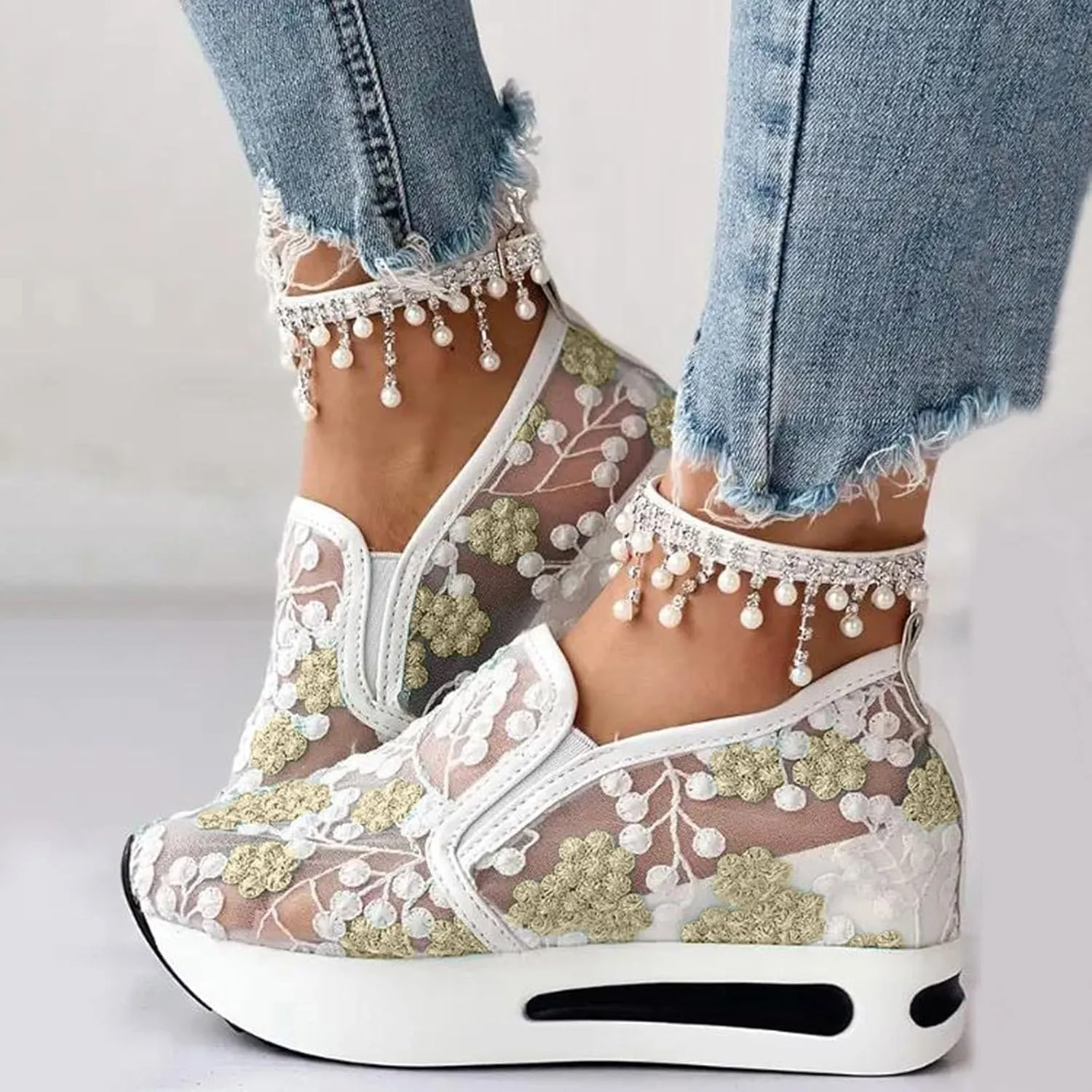 Women's Fashion Sneakers Summer Platform Shoes Hidden Wedge High Top Walking Sneakers Embroidery Floral Mesh Slip On Loafers Casual Shoes with Arch Support