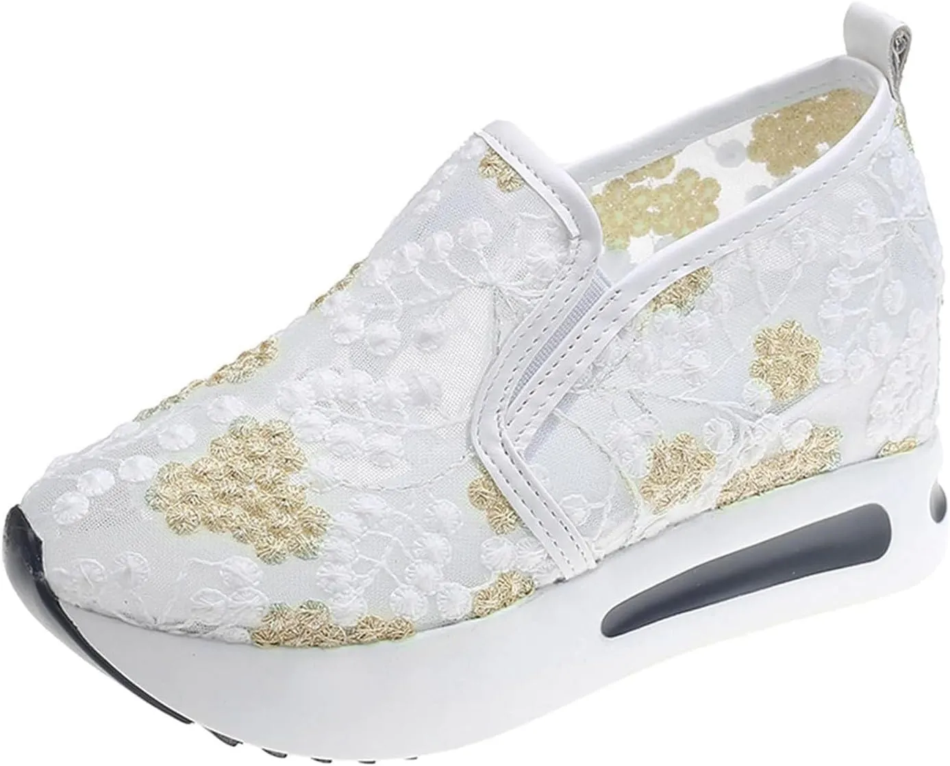 Women's Fashion Sneakers Summer Platform Shoes Hidden Wedge High Top Walking Sneakers Embroidery Floral Mesh Slip On Loafers Casual Shoes with Arch Support