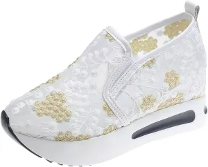Women's Fashion Sneakers Summer Platform Shoes Hidden Wedge High Top Walking Sneakers Embroidery Floral Mesh Slip On Loafers Casual Shoes with Arch Support
