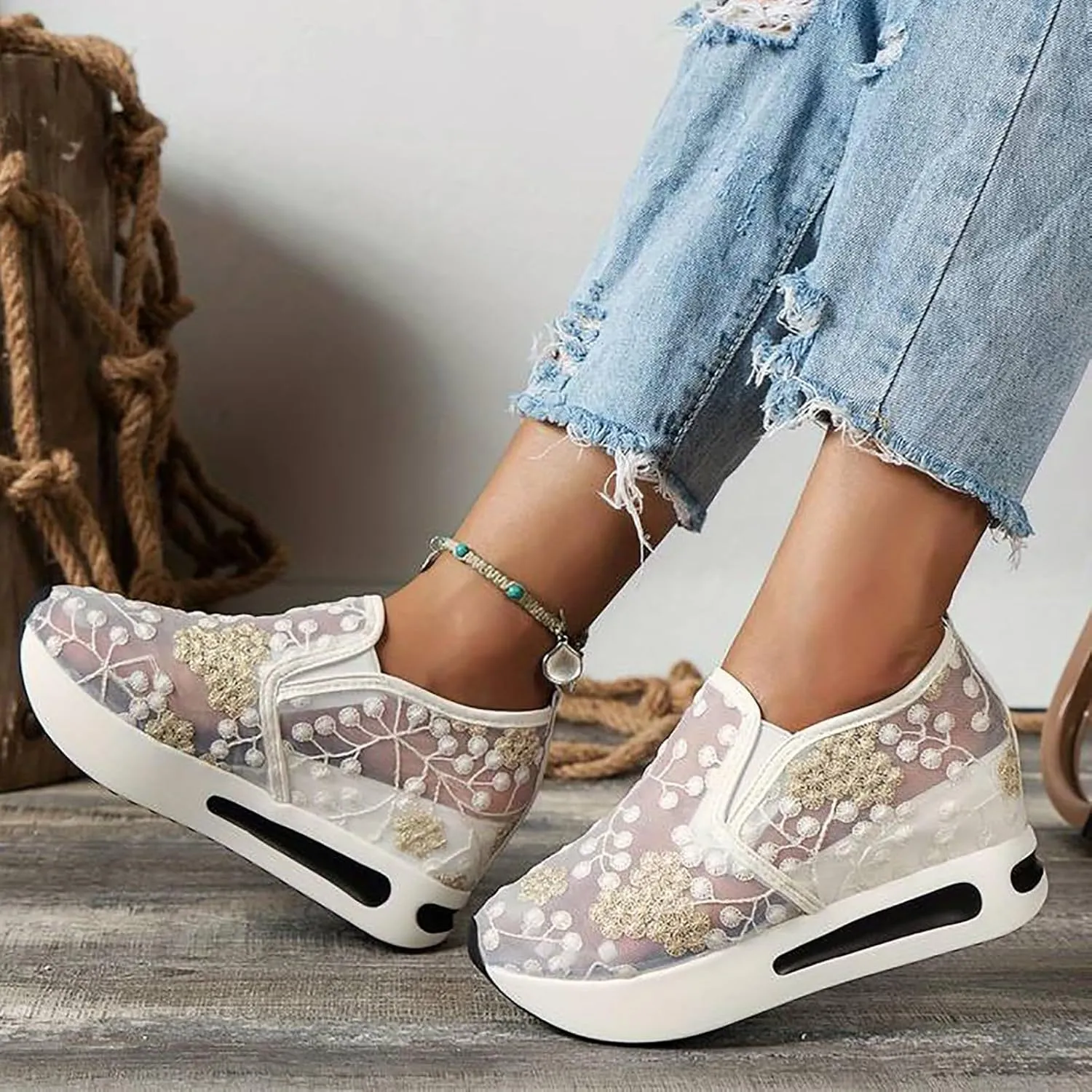 Women's Fashion Sneakers Summer Platform Shoes Hidden Wedge High Top Walking Sneakers Embroidery Floral Mesh Slip On Loafers Casual Shoes with Arch Support