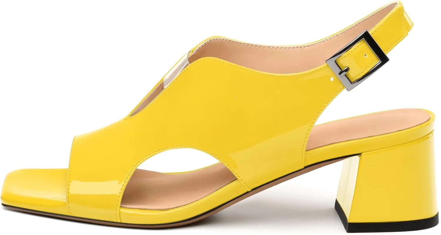 Womens Heeled Sandals, Square Peep Toe Mid Block Heel Slingback Sandals for Women, Leather Insole Chunky Heel Sandals with Buckle 2"