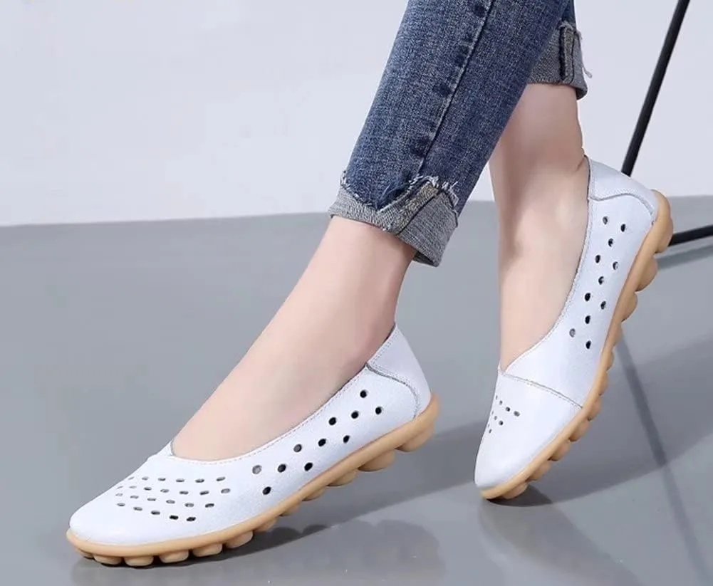 Women's Leather Flats Shoes Slip-Ons Casual Walking Driving Loafers Breathable Cutout