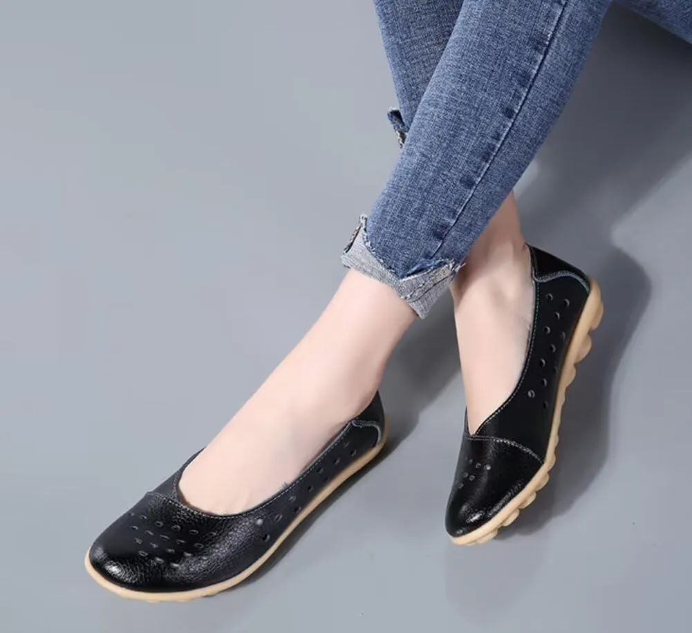 Women's Leather Shoes Loafers Slip-Ons Flats Casual Walking Driving Breathable Cutout