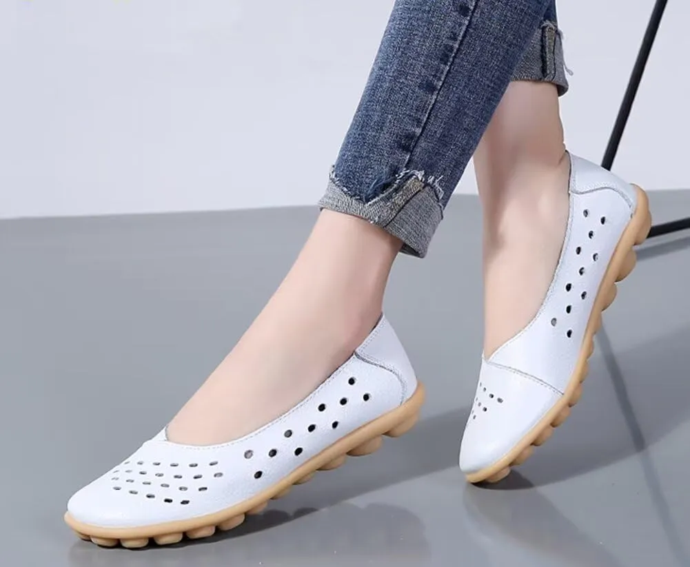 Women's Leather Shoes Loafers Slip-Ons Flats Casual Walking Driving Breathable Cutout