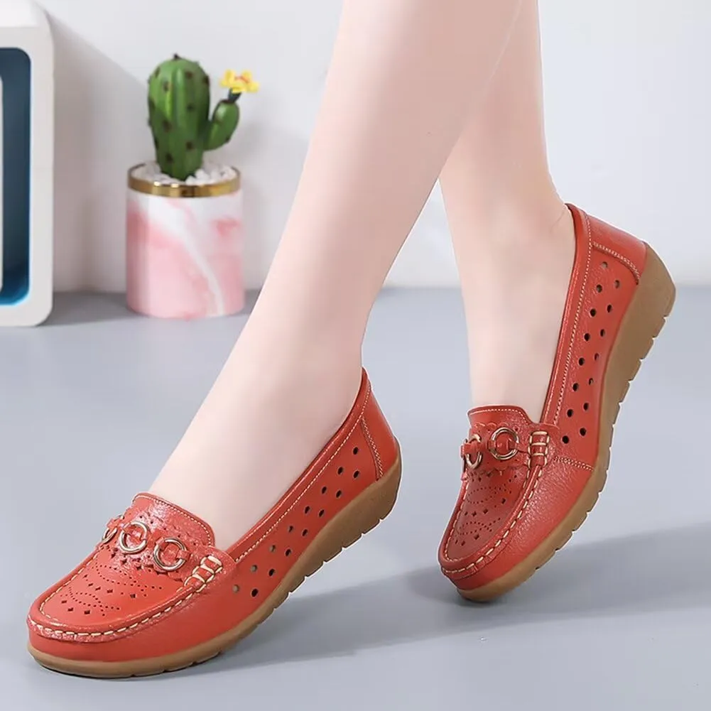 Women's Leather Wedge Moccasins Pumps Boat Shoes Casual Breathable Cushion Driving Slip-Ons