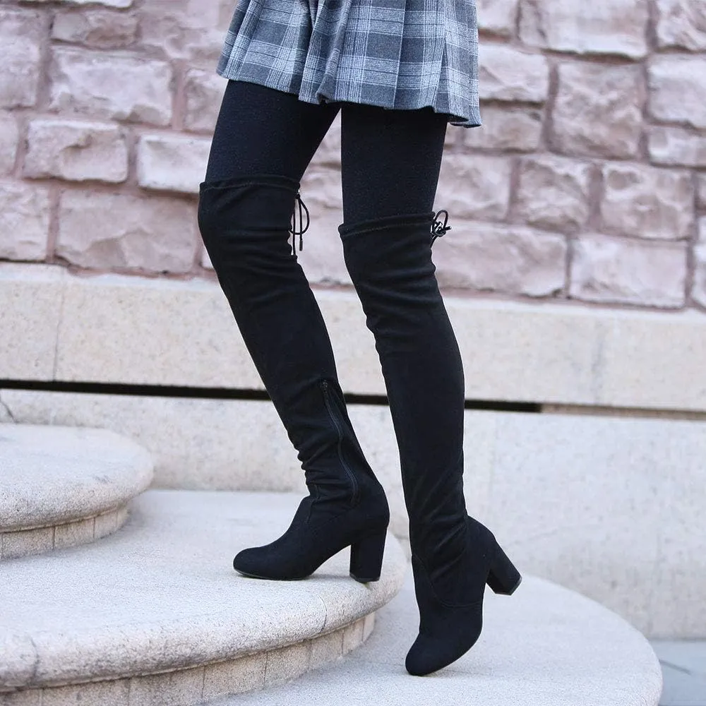 Women's Over The Knee Boots Stretchy Thigh High Chunky Block Heel Boots