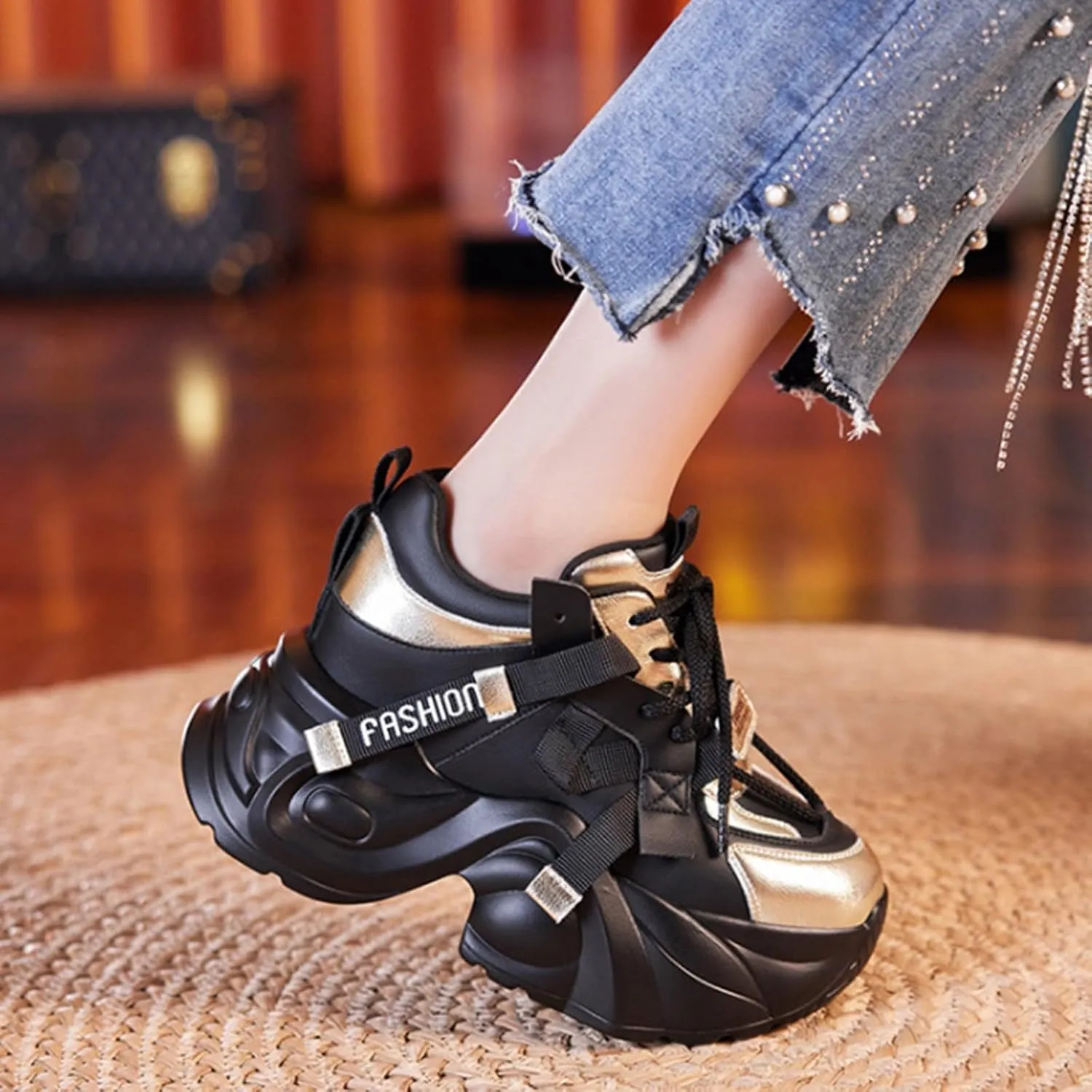 Womens Sport Shoes High Heel Lace-up Women's Sneakers Loafers Fashion Lightweight Cute Round Toe Sneakers Thick Sole Casual Outdoor Walking Shoe