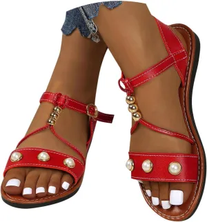 Women's Summer Pearl Decorated Sandals Low Heel Slip On Comfortable Casual Beach Footwear For Daily Wear Dating
