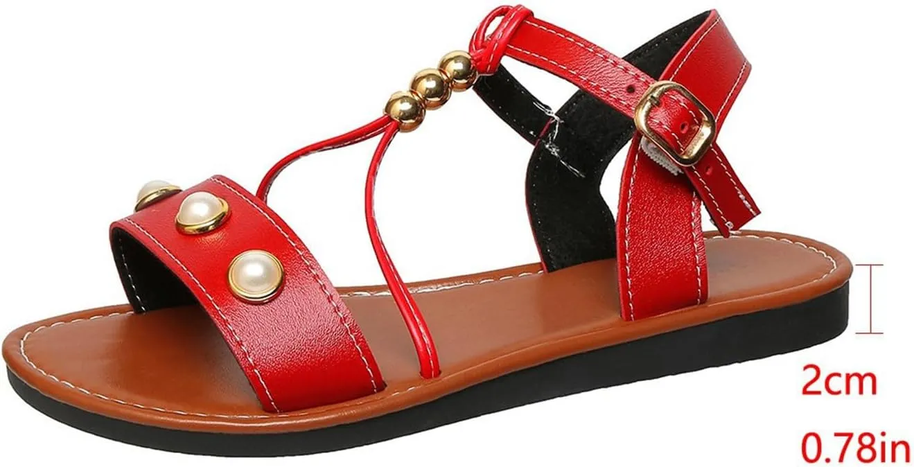 Women's Summer Pearl Decorated Sandals Low Heel Slip On Comfortable Casual Beach Footwear For Daily Wear Dating