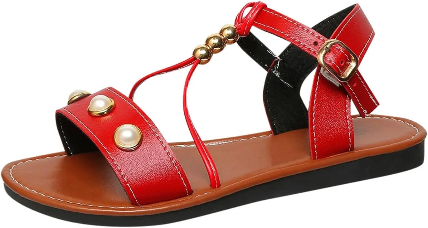 Women's Summer Pearl Decorated Sandals Low Heel Slip On Comfortable Casual Beach Footwear For Daily Wear Dating