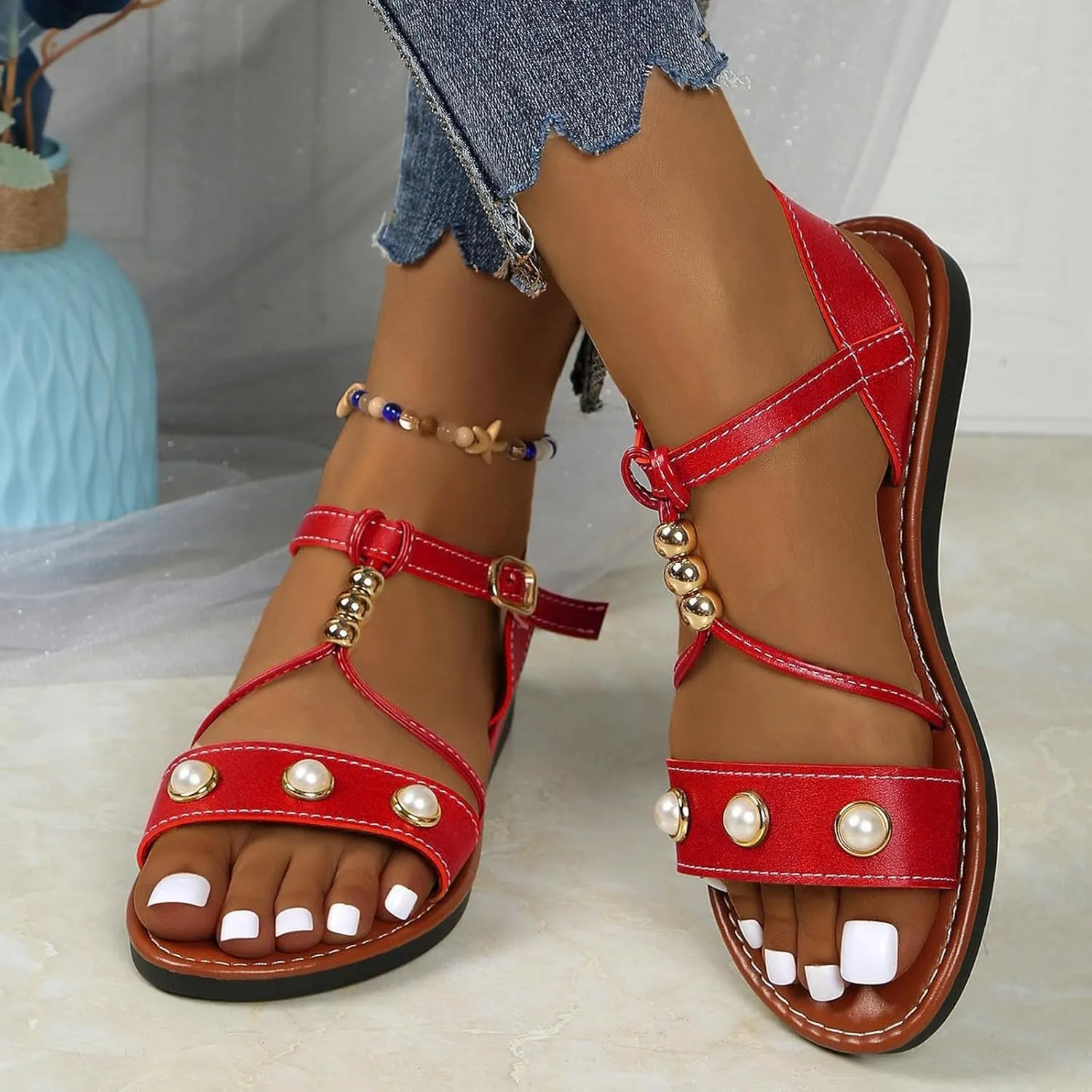 Women's Summer Pearl Decorated Sandals Low Heel Slip On Comfortable Casual Beach Footwear For Daily Wear Dating