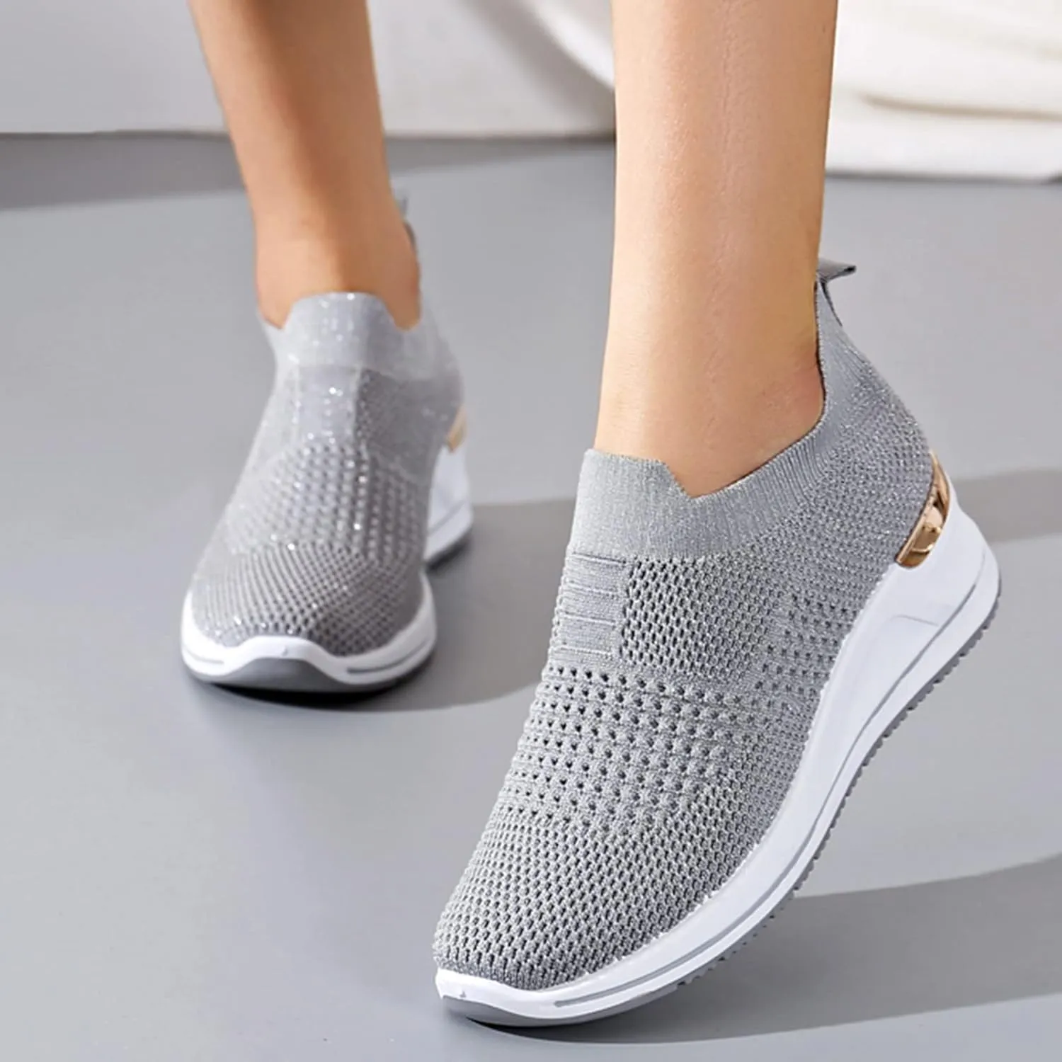 Women’s Walking Shoes Elastic Fly Woven Mesh Shoes Breathable Comfortable Wedge Shoes Arch Support Shoes