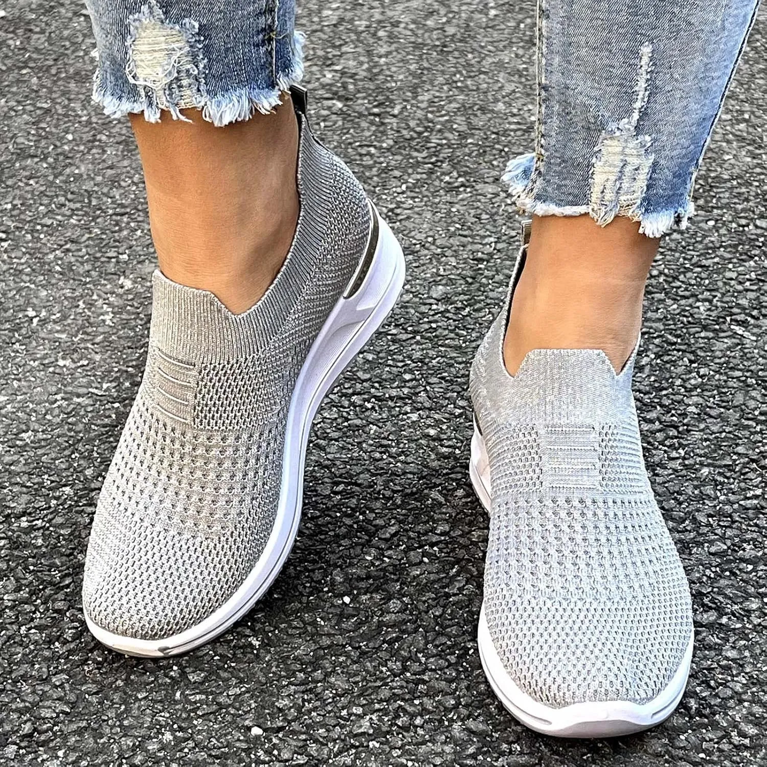 Women’s Walking Shoes Elastic Fly Woven Mesh Shoes Breathable Comfortable Wedge Shoes Arch Support Shoes