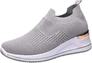 Women’s Walking Shoes Elastic Fly Woven Mesh Shoes Breathable Comfortable Wedge Shoes Arch Support Shoes