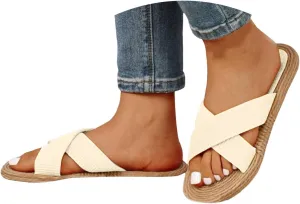 Women's Wide Width Strappy Flat Sandals Dressy Summer Non Slip Indoor Outdoor Stylish Wedge Sandals 2025 Open Toe Comfortable Lightweight Slip On Slippers Beach Vacation Travel Casual Fashion Sandal