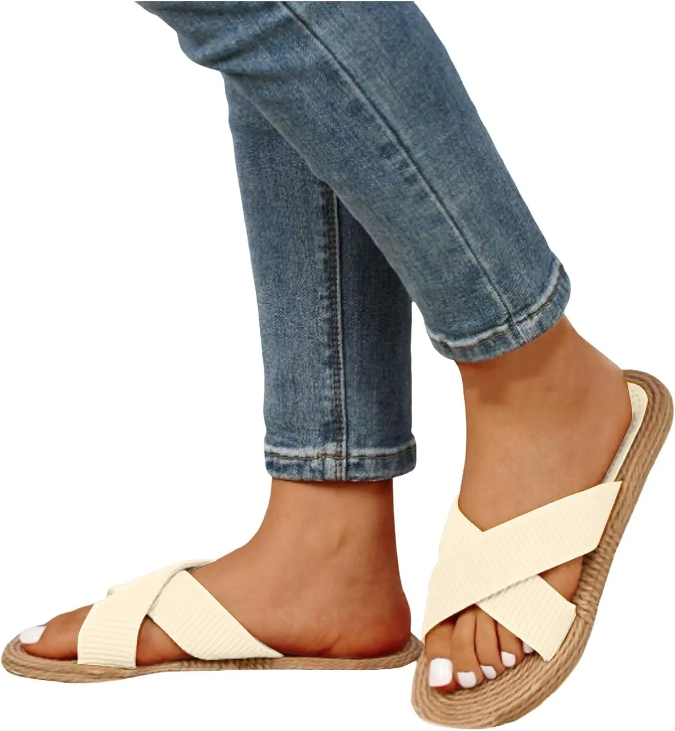 Women's Wide Width Strappy Flat Sandals Dressy Summer Non Slip Indoor Outdoor Stylish Wedge Sandals 2025 Open Toe Comfortable Lightweight Slip On Slippers Beach Vacation Travel Casual Fashion Sandal