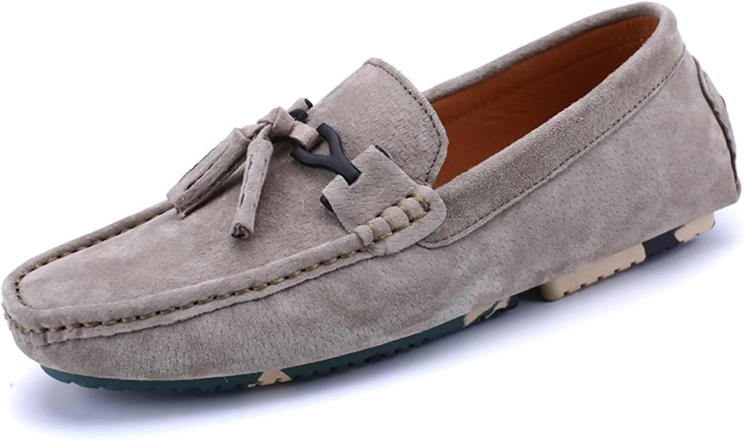 WOUND Mens Loafers Shoe Genuine Leather Tassel Round Toe Stitching Details Comfortable Lightweight Flat Heel Wedding Slip-ons (Color : Khaki, Size : 8)