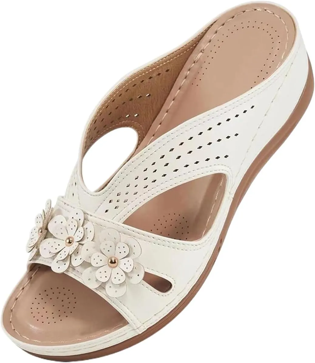 ZWRXW Orthopedic Sandals for Women Hollow Out Breathable Platform Wedge Sandals Slip On Dressy Wedge Shoes Lightweigh Summer Comfortable Slides Sandal with Flower Decorationrs