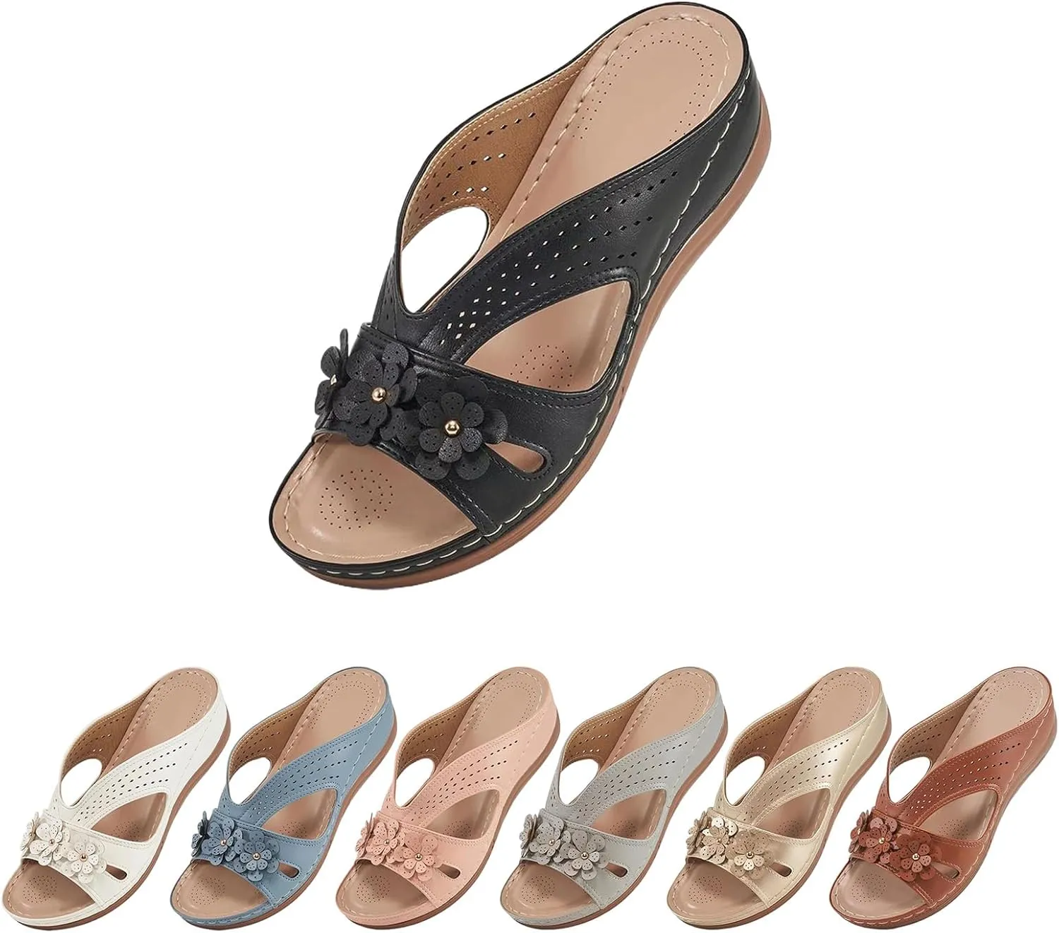 ZWRXW Orthopedic Sandals for Women Hollow Out Breathable Platform Wedge Sandals Slip On Dressy Wedge Shoes Lightweigh Summer Comfortable Slides Sandal with Flower Decorationrs